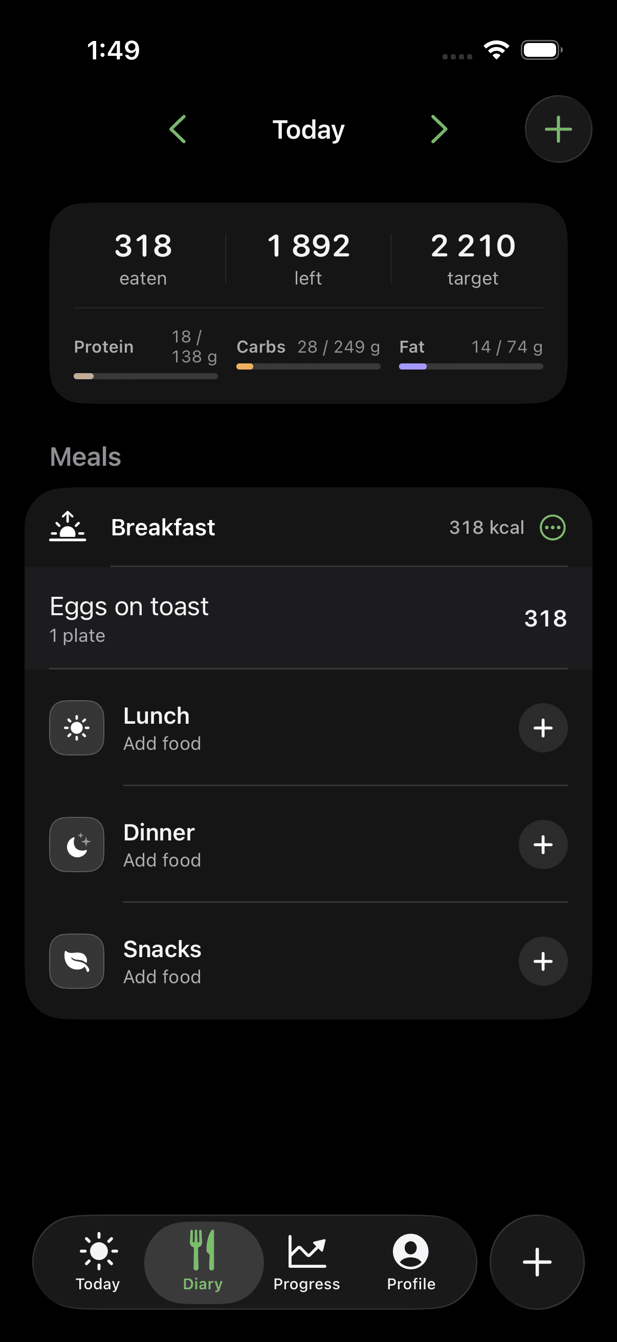Plateful food diary with meals and daily nutrition